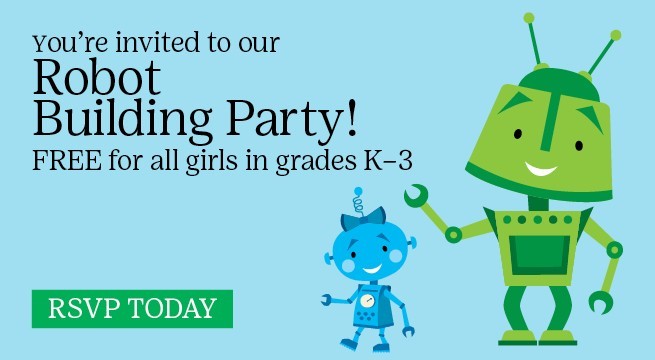 Robot Building Party Invitation - Blue Background with green and blue cartoon robots
